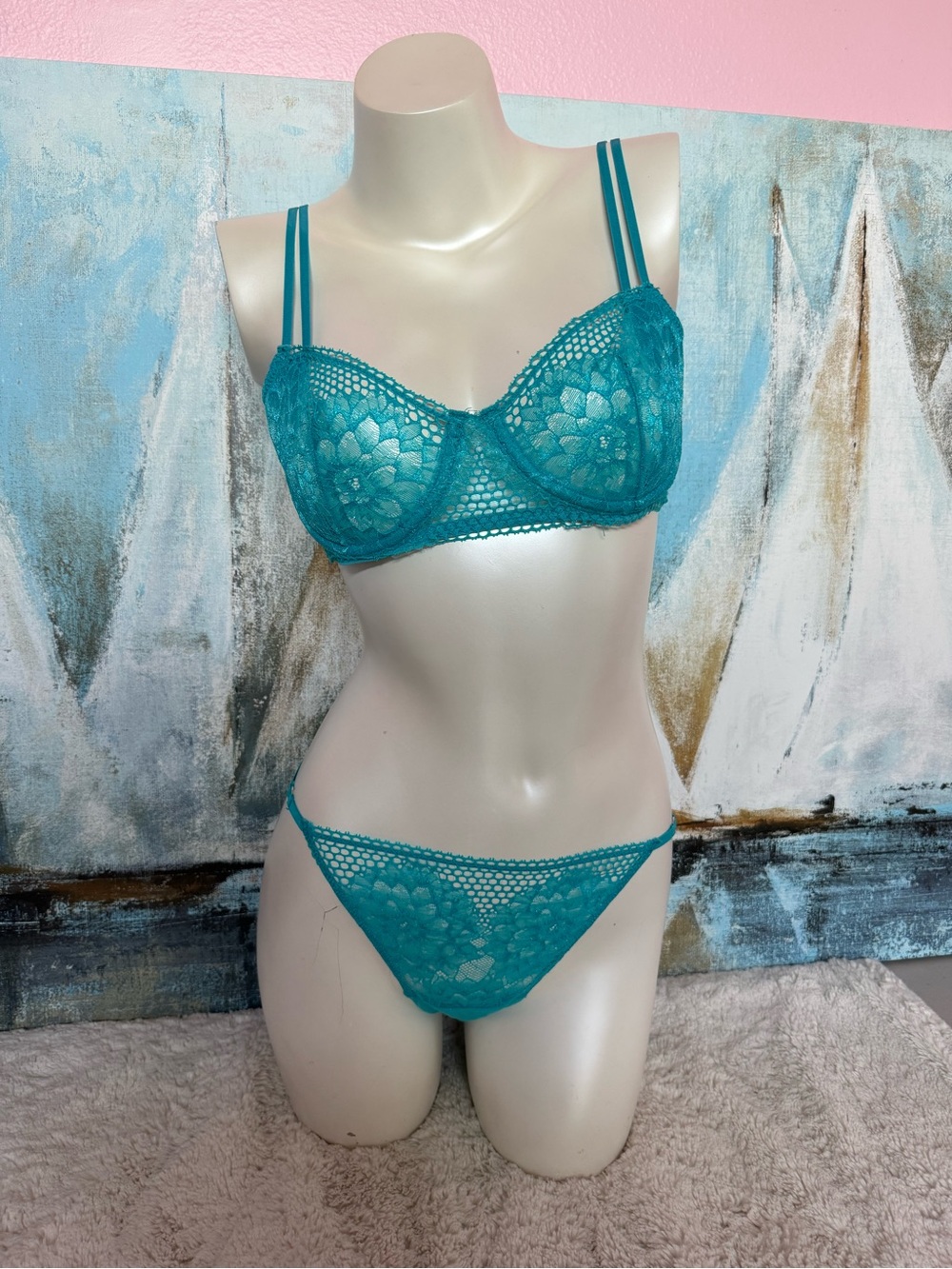 Adore Me Teal Lace Underwire Bra & Bikini Set